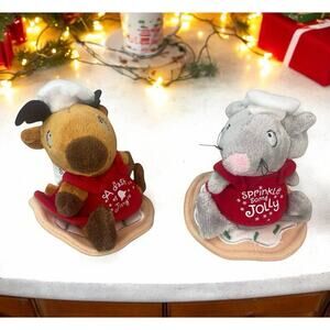 Hallmark Cookie Time Zip-A-Long Mouse Reindeer Plush Lot Of 2 Pull String Toys